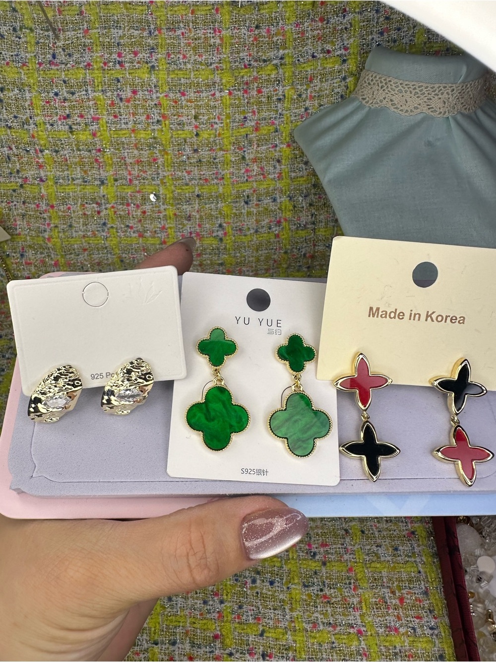 Green Clover Drop Earrings - Gold Trim 3 pairs